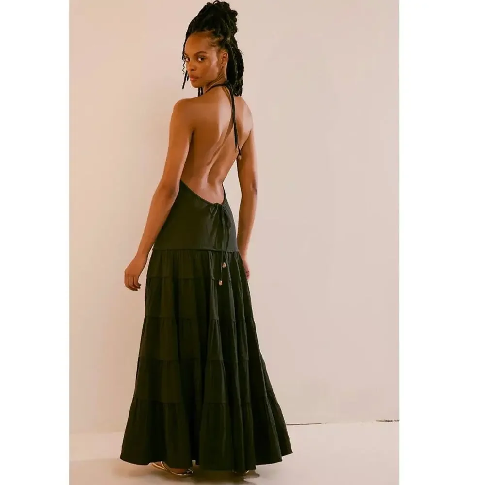 New FREE PEOPLE Somewhere Sunny Drop-Waist Maxi Dress BOHO $118 X-SMALL Black